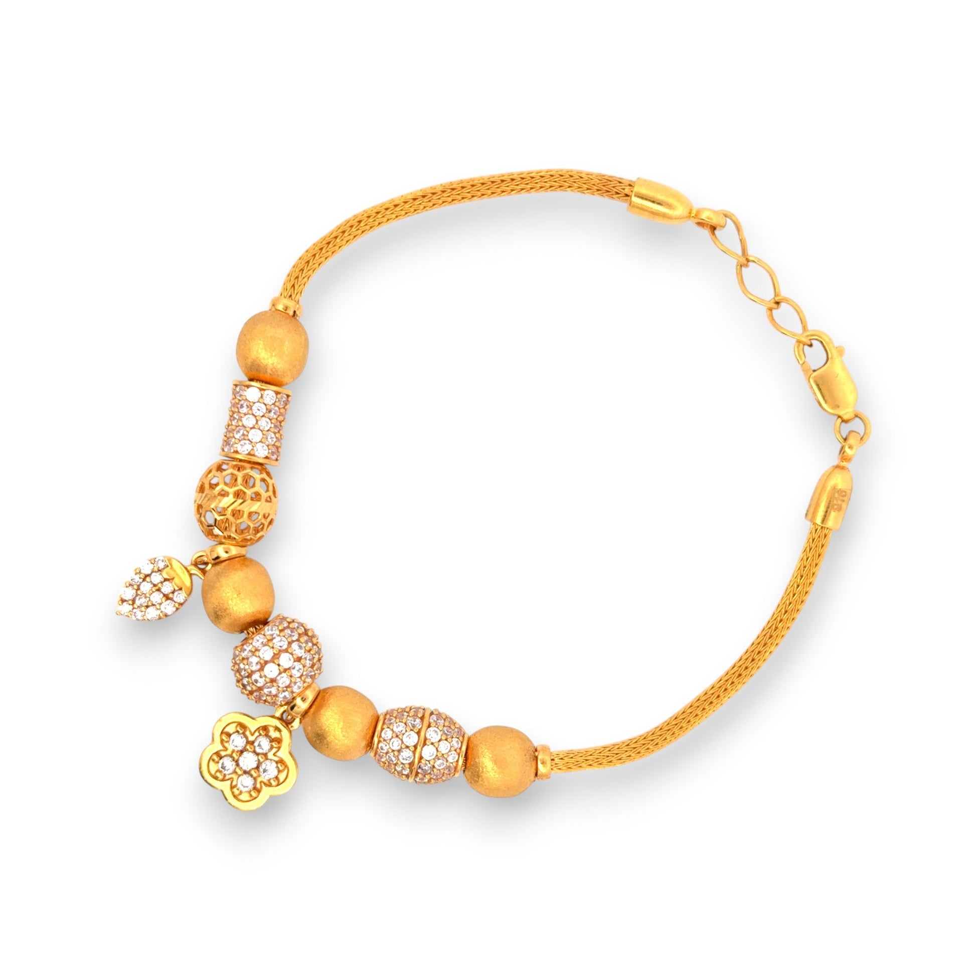 Gold Ladies Bracelet with Pave CZ Beads and Hanging Flower Charm – Stylish Party Wear Design – Regal Jewels RJLB4041a