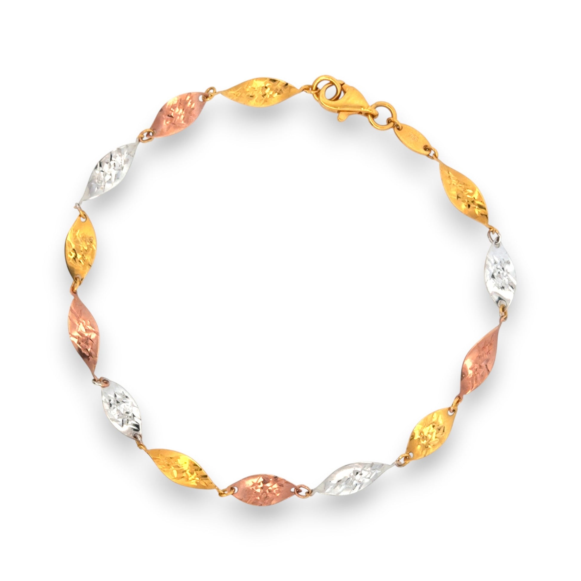 Tricolor Gold Bracelet with Leaf-Shaped Links – Unique Textured Pattern for Traditional and Modern Wear – Regal Jewels RJLB4043a