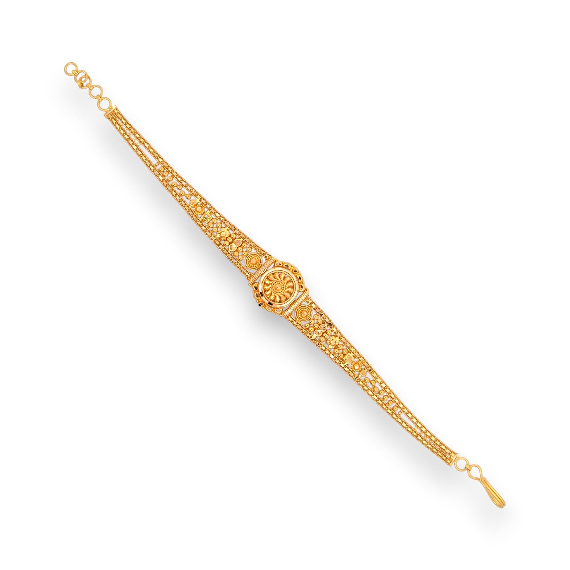 22kt Yellow Gold Filigree Bracelet with Detailed Traditional Floral Medallion – Traditional and Exquisite Women’s Bracelet – Regal Jewels RJLB4051a