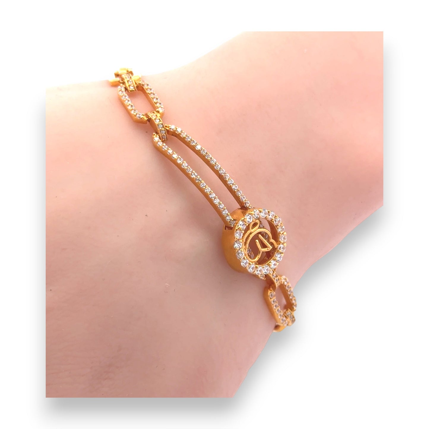 22kt Gold Om Symbol Bracelet with Sparkling Pave Diamond Chain Links – Spiritual and Modern Women’s Bracelet – Regal Jewels RJLB4052