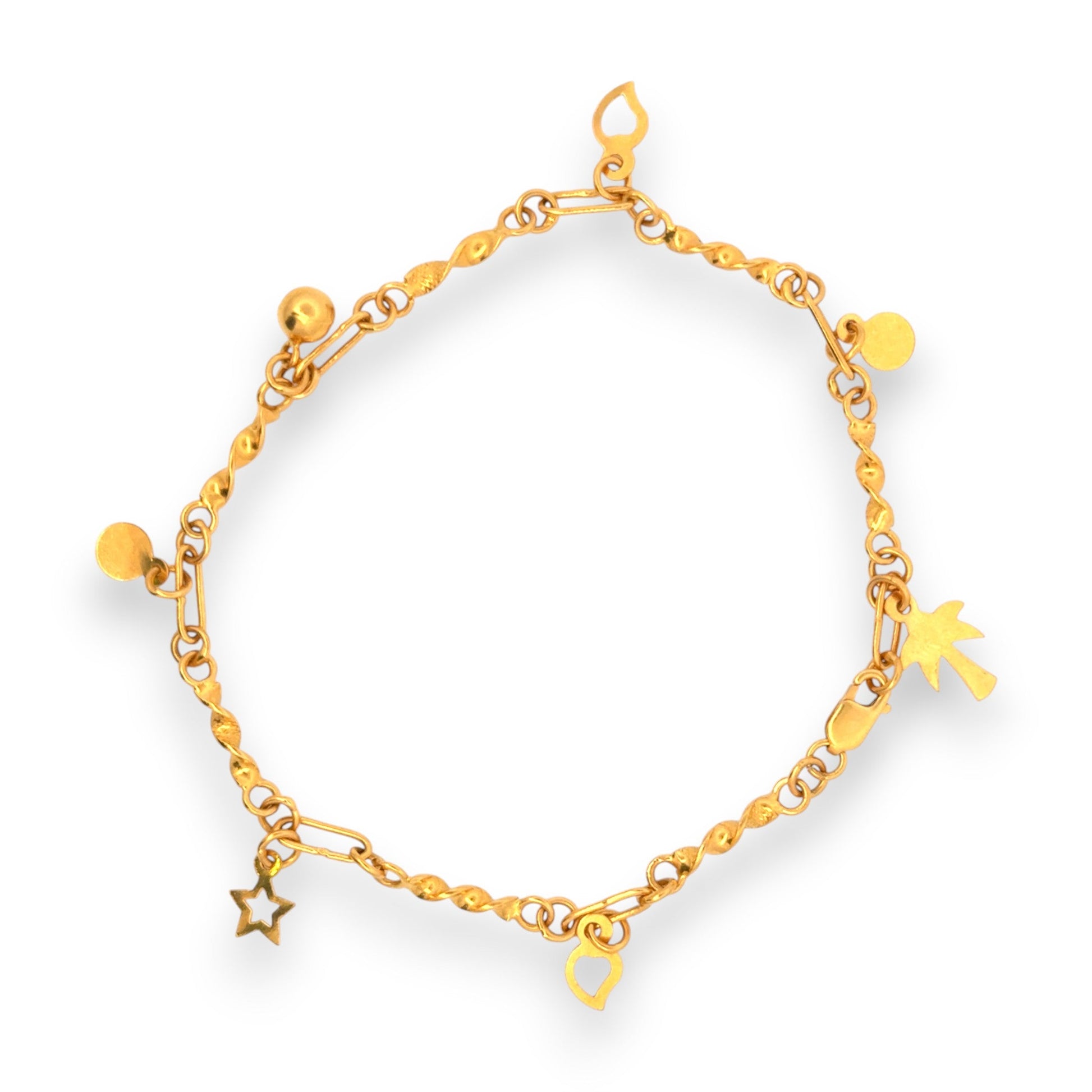 22kt Yellow Gold Charm Bracelet with Star and Palm Tree Dangles – Playful and Trendy Women’s Bracelet – Regal Jewels RJLB4055a