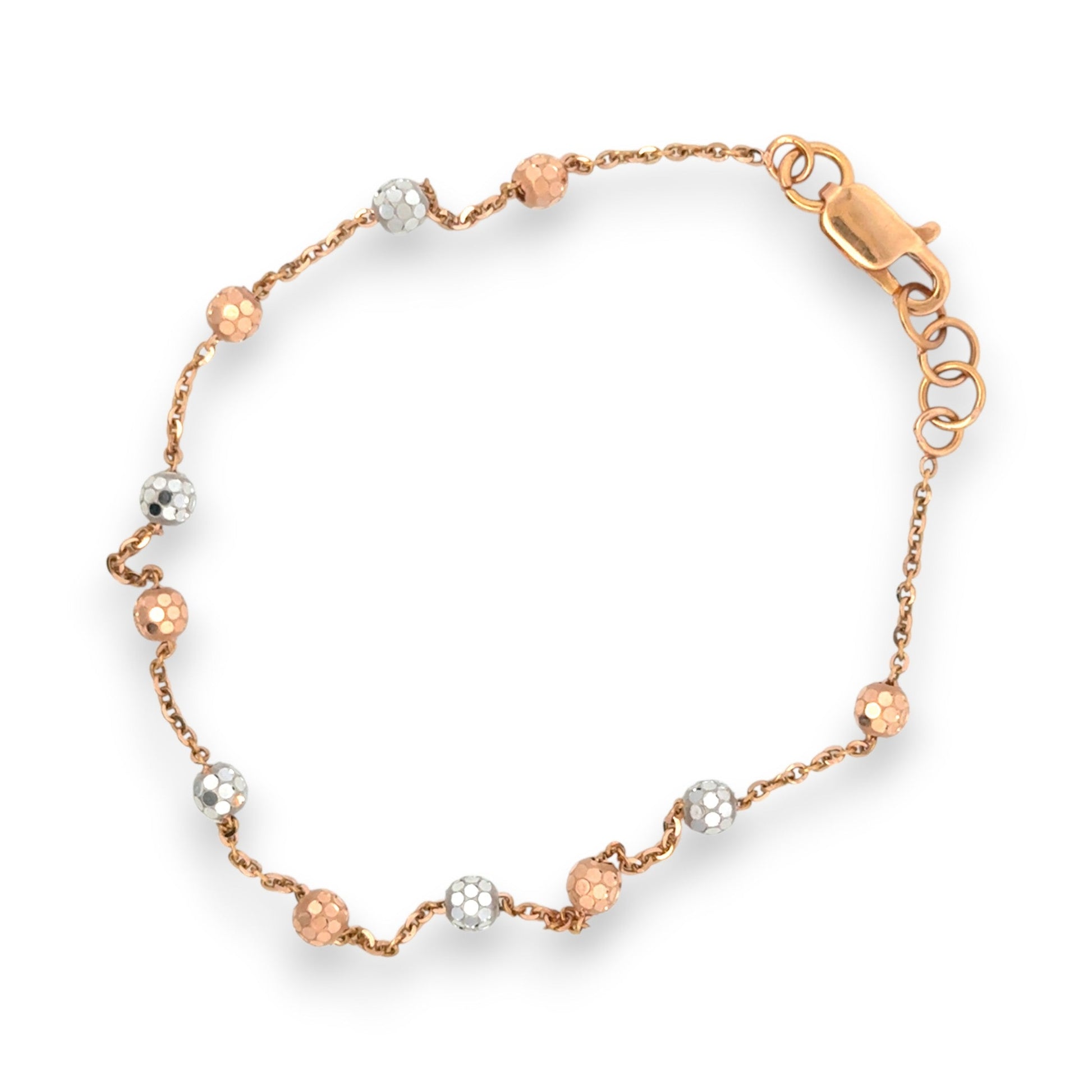 22kt Tri-Color Gold Bracelet with Alternating Plain and Textured Bead Links – Delicate and Stylish Women’s Bracelet – Regal Jewels RJLB4057a