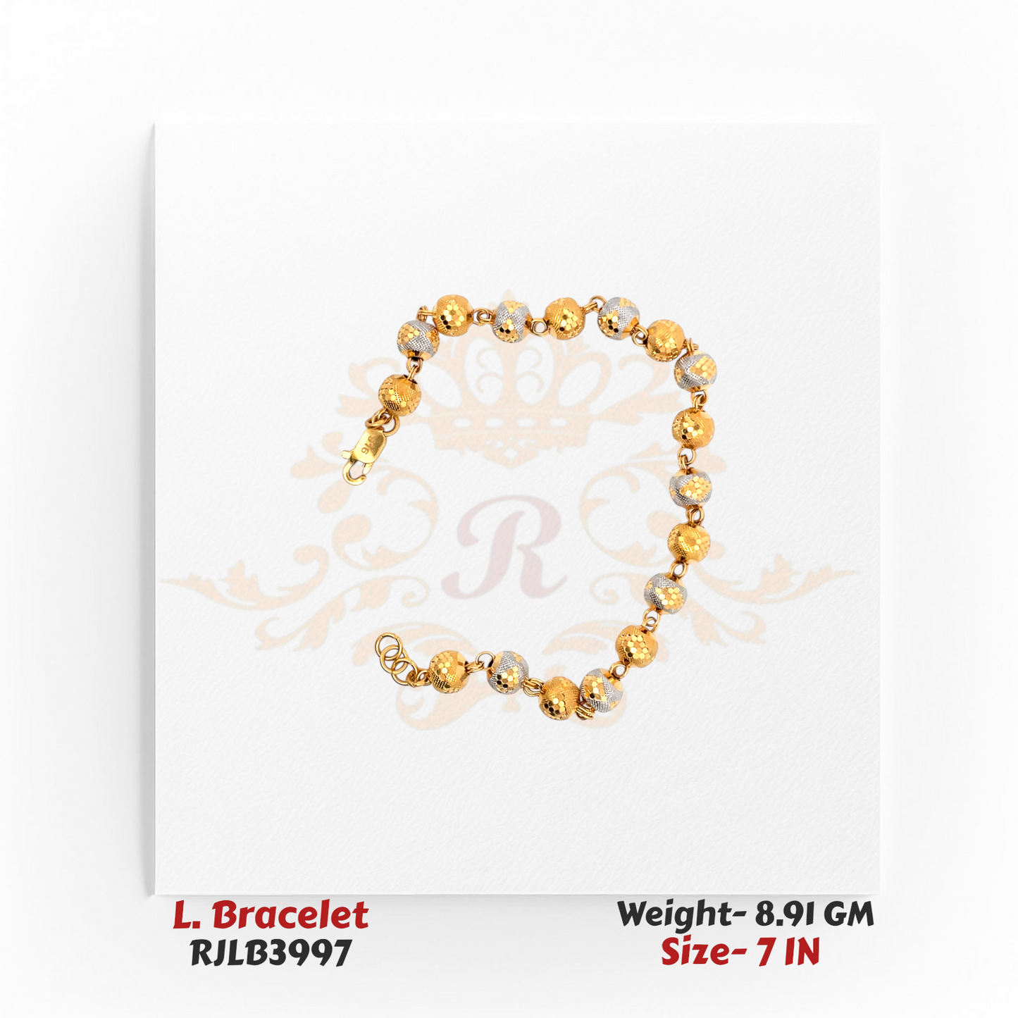 Top-down view of a dual-tone ladies bracelet featuring alternating yellow gold and white gold textured round beads, linked with delicate gold connectors, displayed in a circular form in a 7-inch size. Model RJLB3997.