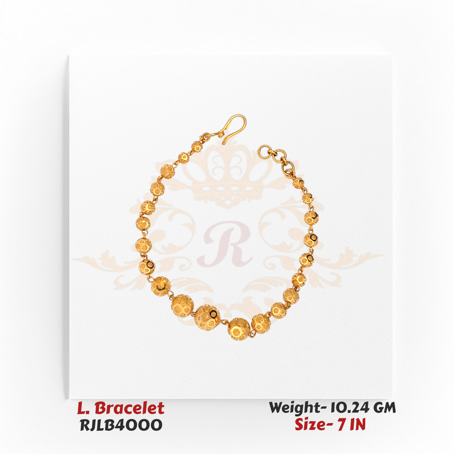 Top-down view of a traditional gold ladies bracelet featuring a continuous series of intricately textured spherical gold beads linked together, arranged in a circular form, crafted in a 7-inch size. Model RJLB4000.