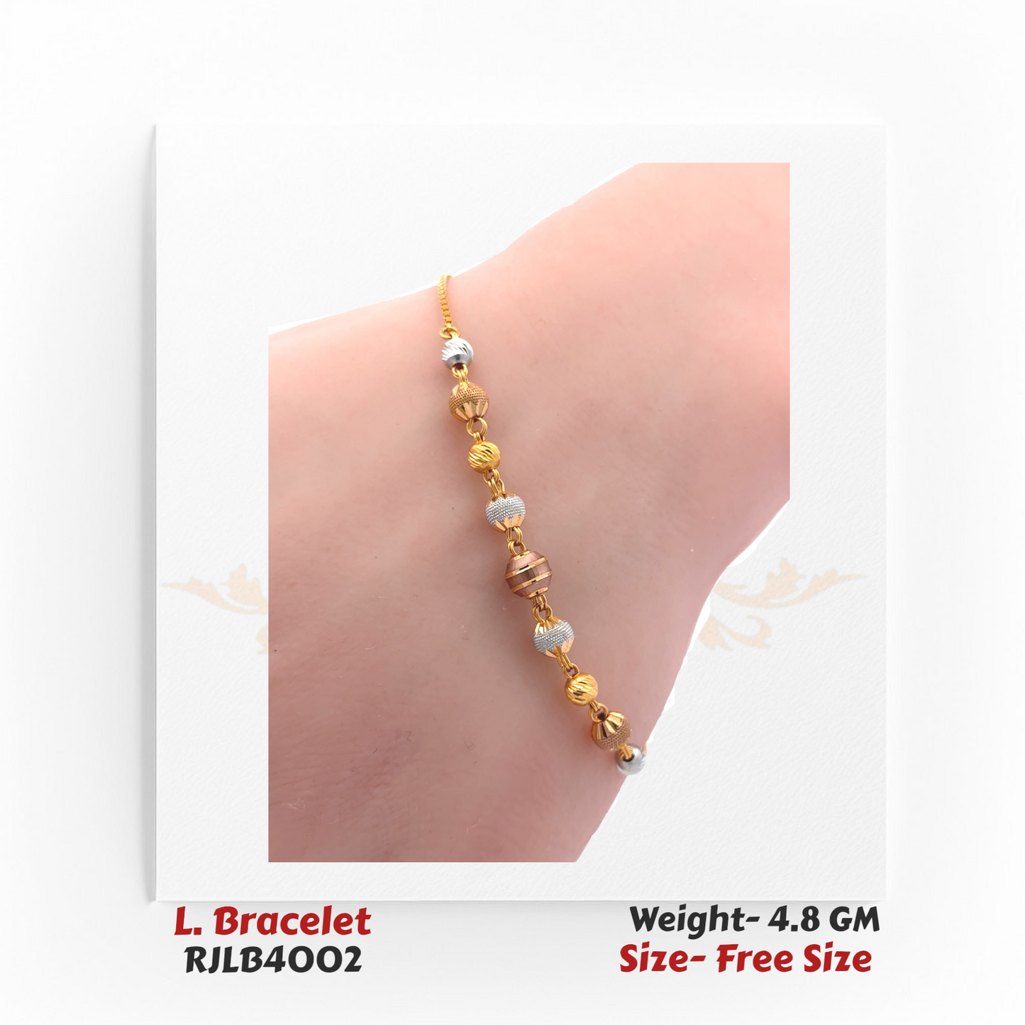 Stylish ladies’ bracelet combining yellow, white, and rose gold textured beads in a repeating linked design. RJLB4002