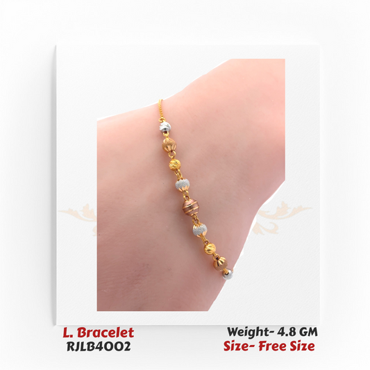 Stylish ladies’ bracelet combining yellow, white, and rose gold textured beads in a repeating linked design. RJLB4002