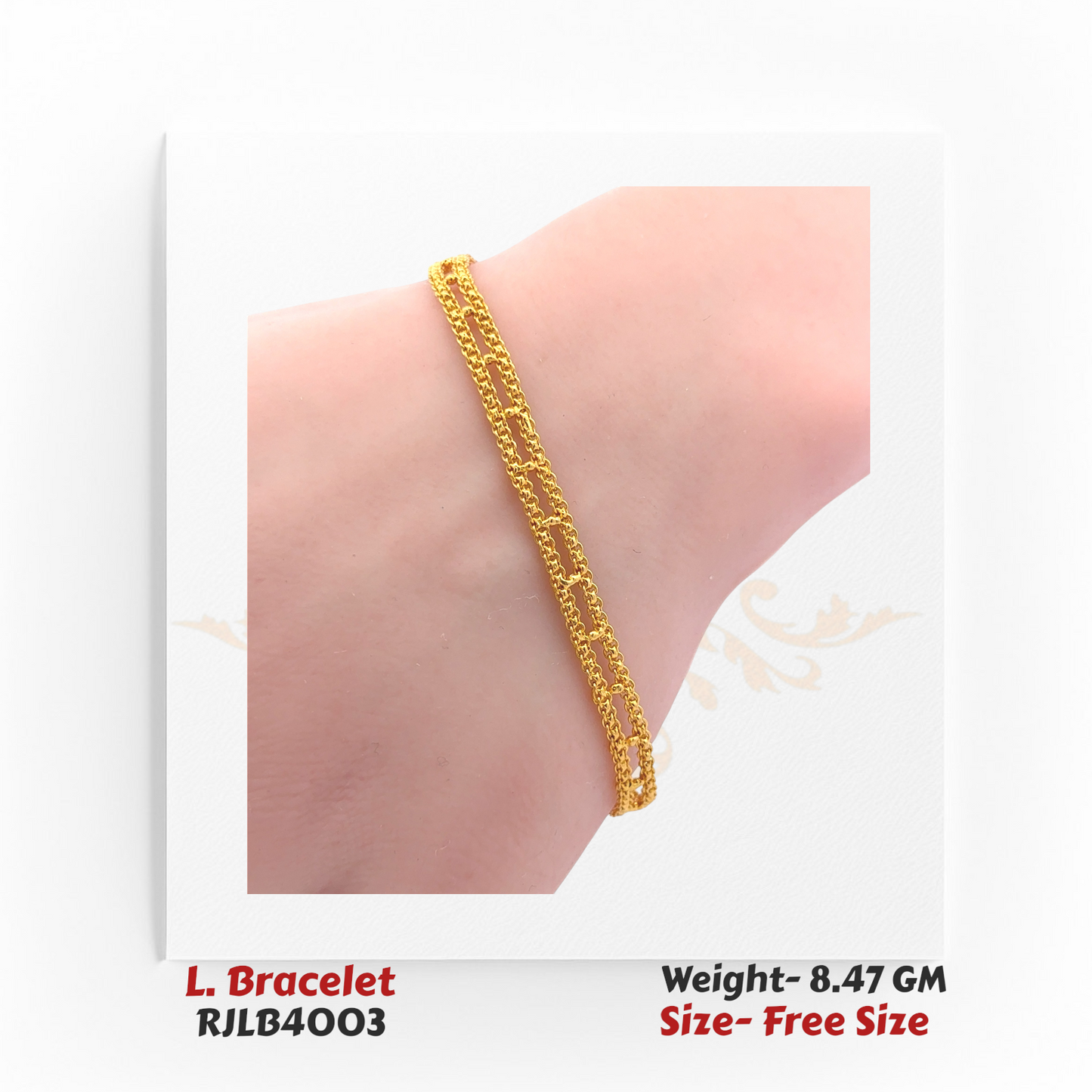 Close-up of a delicate ladies’ bracelet featuring dual interlinked chain strands in polished yellow gold, worn on the wrist. RJLB4003