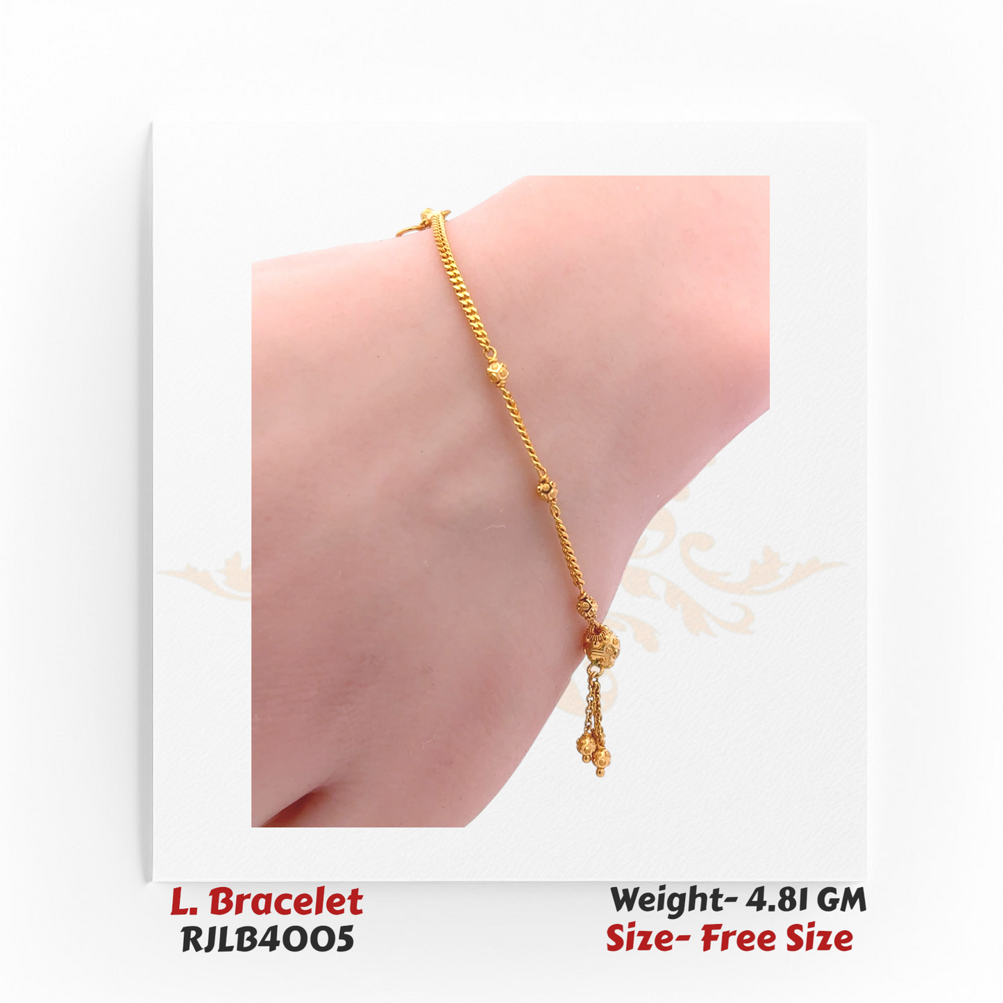 Graceful ladies’ bracelet with fine yellow gold chain links interspersed with small beads and a dangling decorative charm cluster. RJLB4005