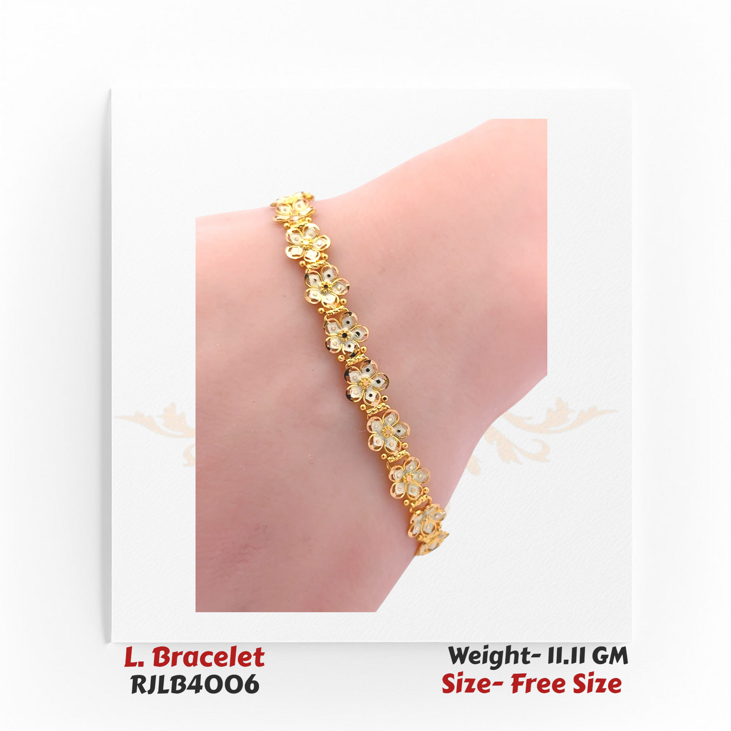 Bold ladies’ bracelet crafted with repeating three-dimensional floral elements in polished yellow gold with white gold centers. RJLB4006