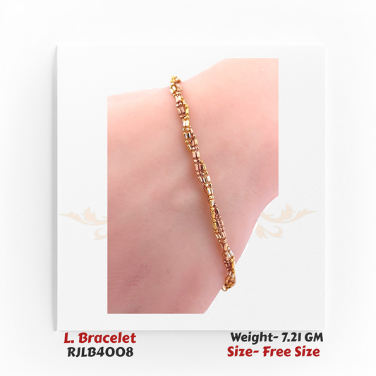 Sleek ladies’ bracelet showcasing a pattern of yellow, white, and rose gold rectangular bead links in a continuous chain. RJLB4008