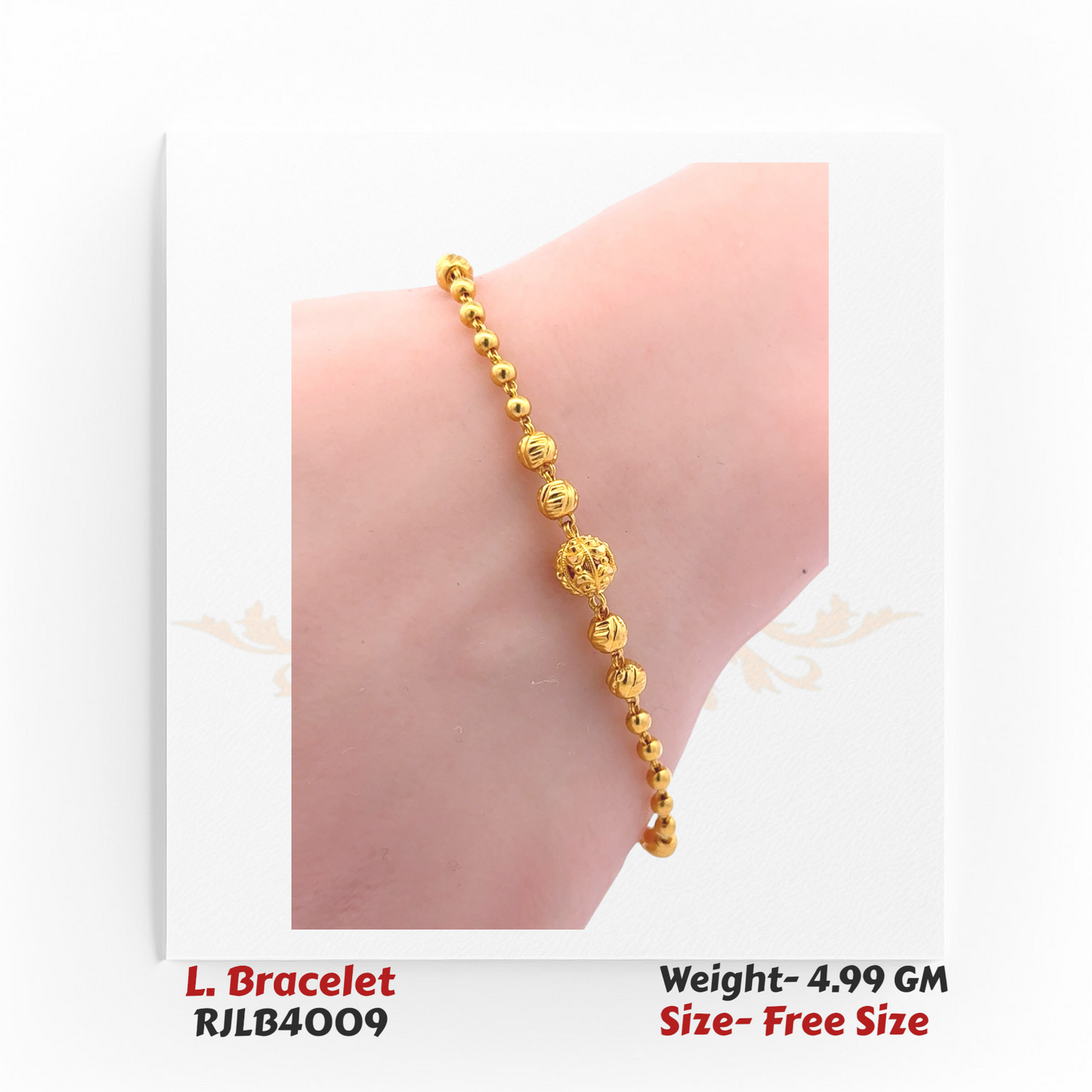 Minimalist ladies’ bracelet composed of smooth and textured yellow gold beads, with a larger ornate bead centerpiece. RJLB4009