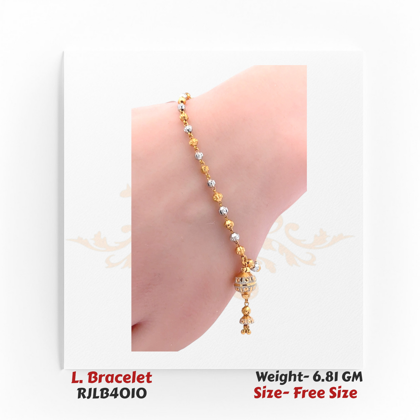 Elegant ladies’ bracelet with alternating yellow and white gold bead links, accented by a decorative gold bead drop charm. RJLB4010