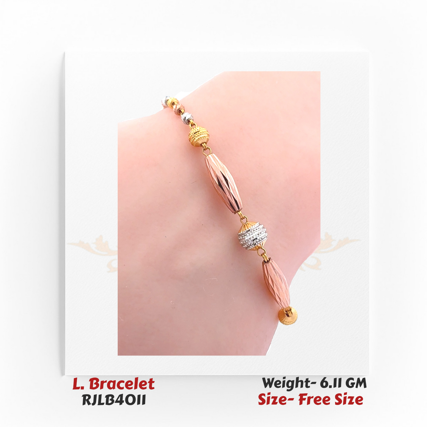 Elegant ladies’ bracelet featuring alternating rose gold, yellow gold, and silver-toned textured beads with elongated oval accents. RJLB4011
