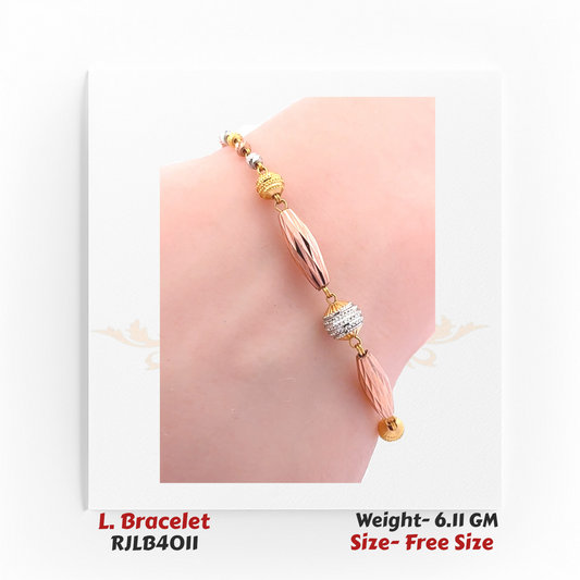 Elegant ladies’ bracelet featuring alternating rose gold, yellow gold, and silver-toned textured beads with elongated oval accents. RJLB4011