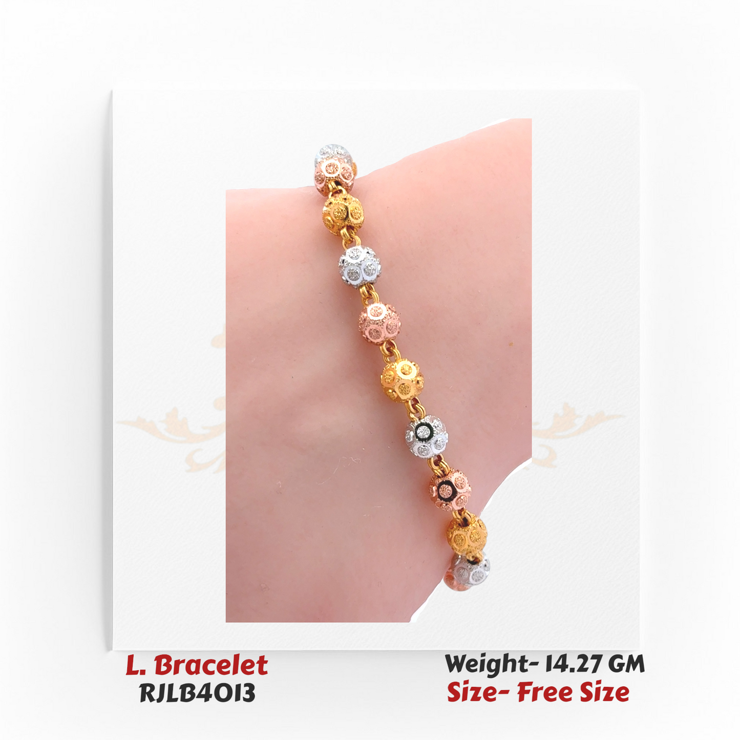 Multi-tone ladies’ bracelet featuring alternating yellow, white, and rose gold textured bead links for a colorful finish. RJLB4013