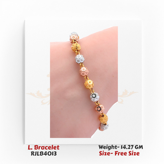 Multi-tone ladies’ bracelet featuring alternating yellow, white, and rose gold textured bead links for a colorful finish. RJLB4013