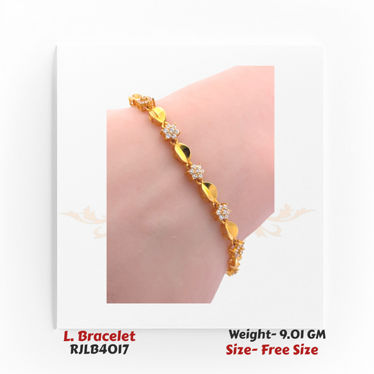 Stylish ladies’ bracelet combining polished oval yellow gold links with sparkling white stone floral clusters. RJLB4017