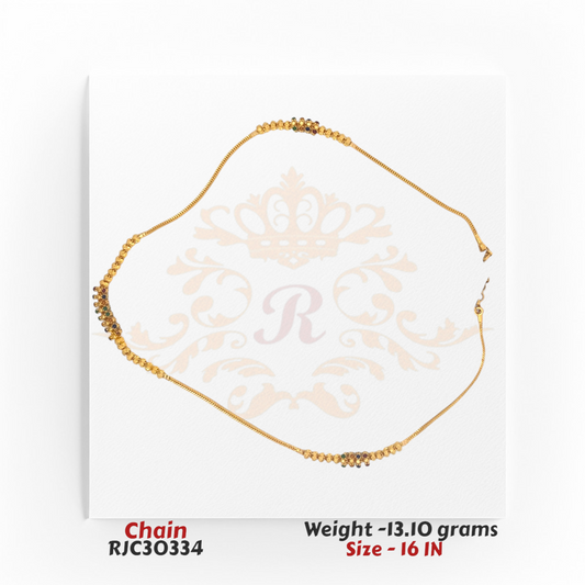 22kt gold chain featuring textured gold beads complemented by vibrant multicolored gemstone details, measuring 16 inches in length. Product code RJC30334, total weight 13.10 grams