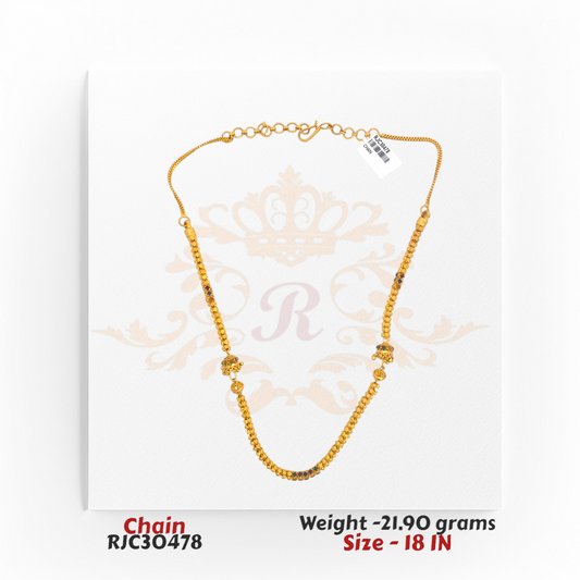 22kt gold chain featuring ornate gold beads with black stone accents, finished with decorative gold end caps, measuring 18 inches in length. Product code RJC30478, total weight 21.90 grams.