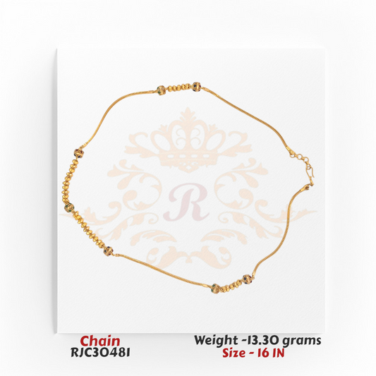 22kt gold chain featuring a beaded design accented with green stones, measuring 16 inches in length. Product code RJC30481, total weight 13.30 grams.