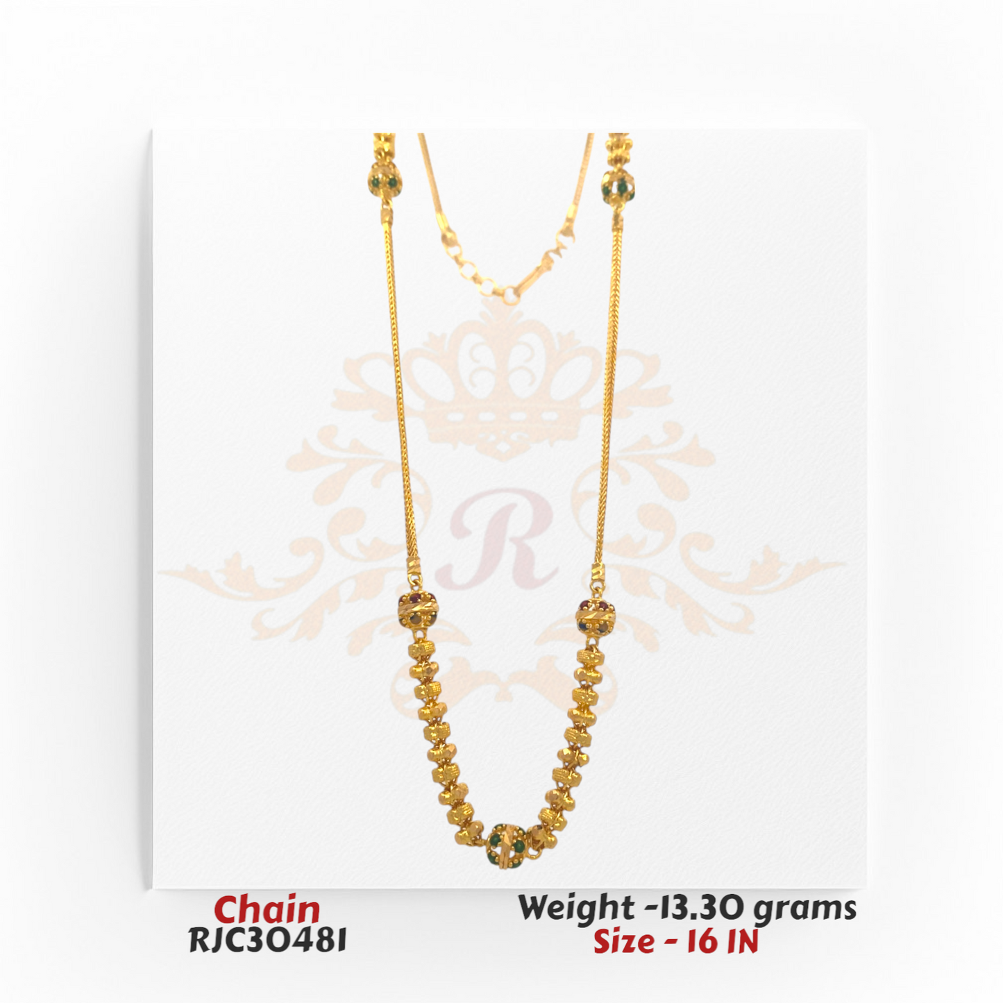 22kt gold chain with green stone accents and beaded design, 16 inches in length. Product code RJC30481, total weight 13.30 grams.