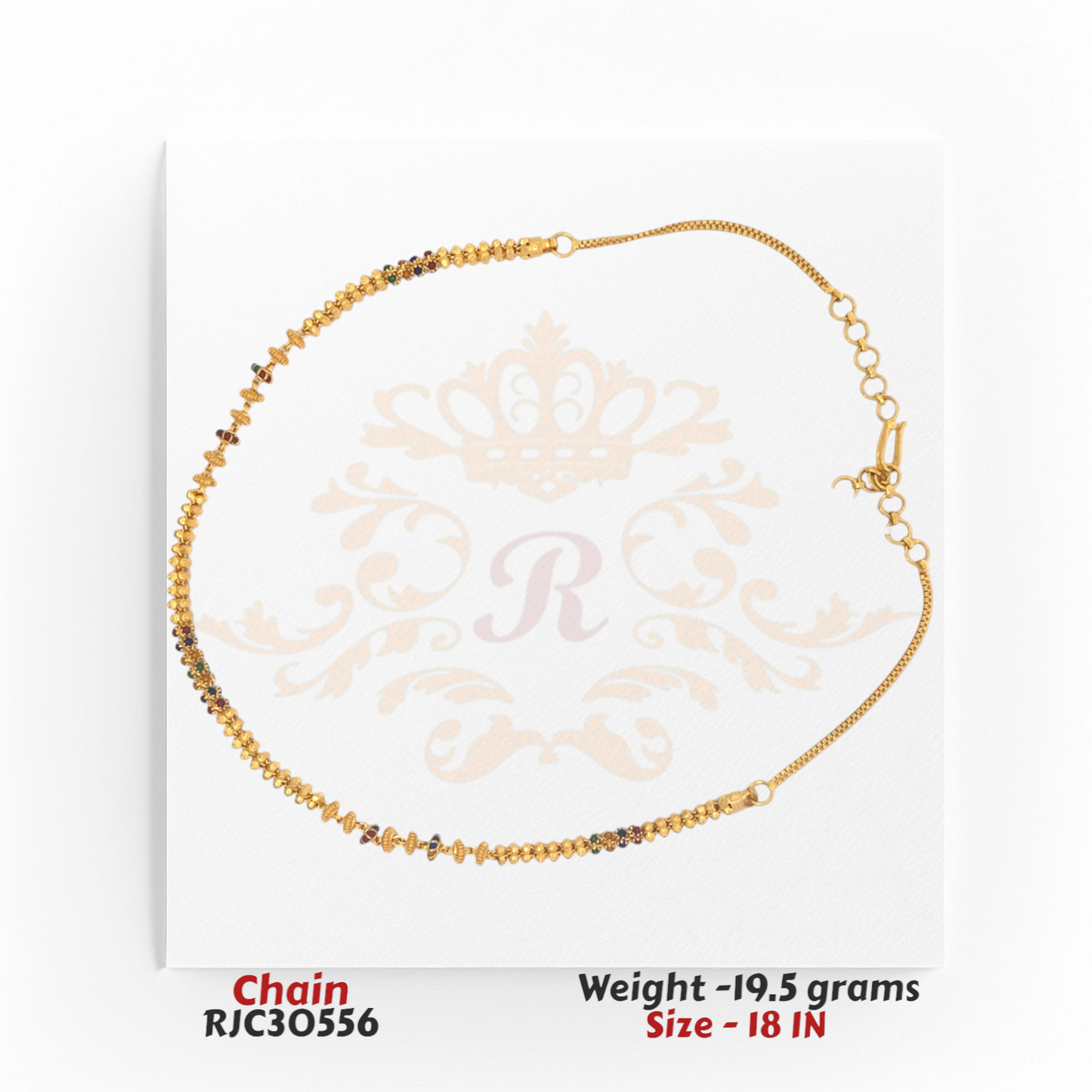 22kt gold chain adorned with multicolored gemstone beads and delicate gold craftsmanship, measuring 18 inches in length. Product code RJC30556, total weight 19.5 grams.