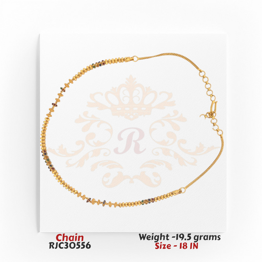 22kt gold chain adorned with multicolored gemstone beads and delicate gold craftsmanship, measuring 18 inches in length. Product code RJC30556, total weight 19.5 grams.