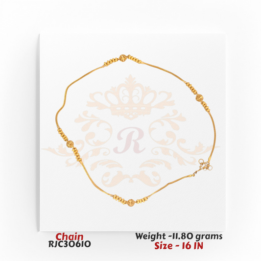 22kt gold chain showcasing intricate beaded motifs paired with elegant filigree accents, measuring 16 inches in length. Product code RJC30610, total weight 11.80 grams.