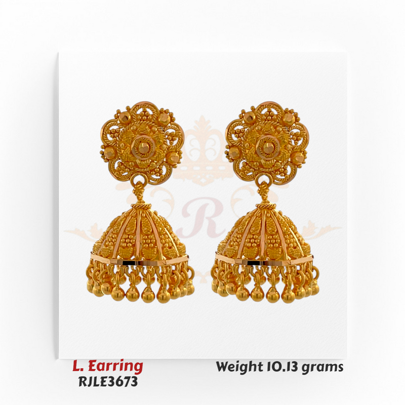 22kt gold long jhumka earrings featuring a floral stud and traditional dome-shaped dangler with hanging beads, product code RJLE3673, weight 10.13 grams.