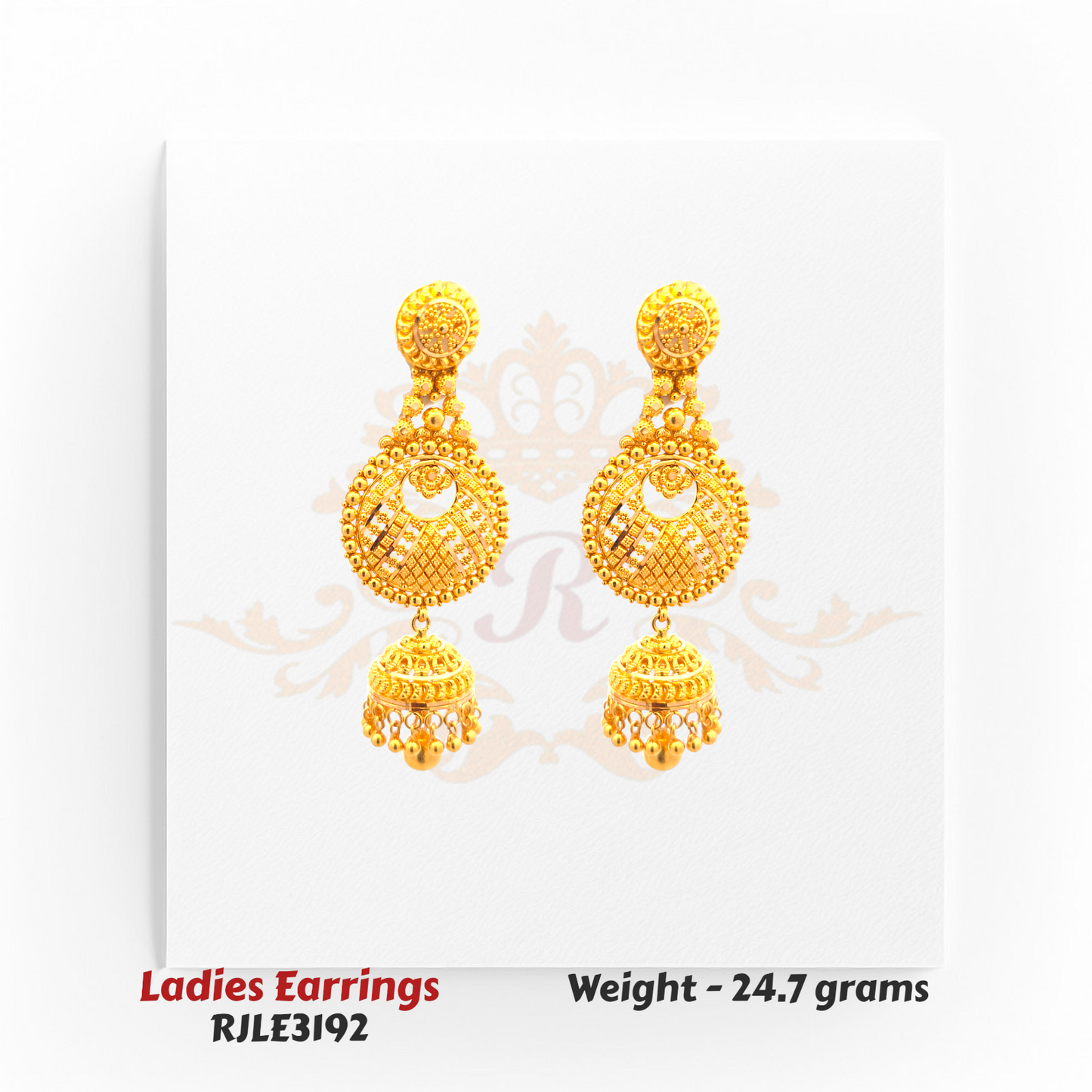 RJLE3192 – 22kt Gold Ladies Antique Circle Jhumka Earrings featuring traditional craftsmanship with ornate lattice details and dome drops – Regal Jewels Chicago.