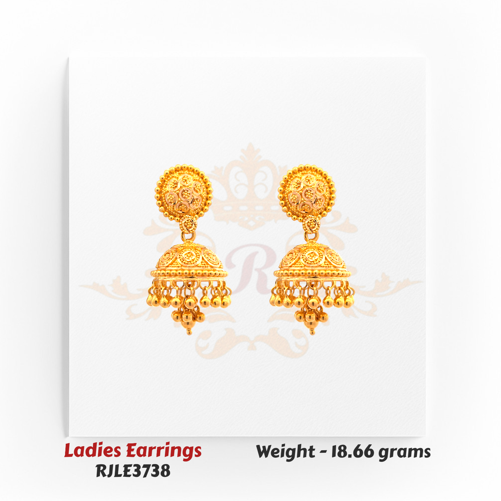 RJLE3738 – 22kt Gold Ladies Round Dome Jhumka Earrings with circular top design and tiered bead drops for a timeless ethnic appearance – Regal Jewels Chicago.