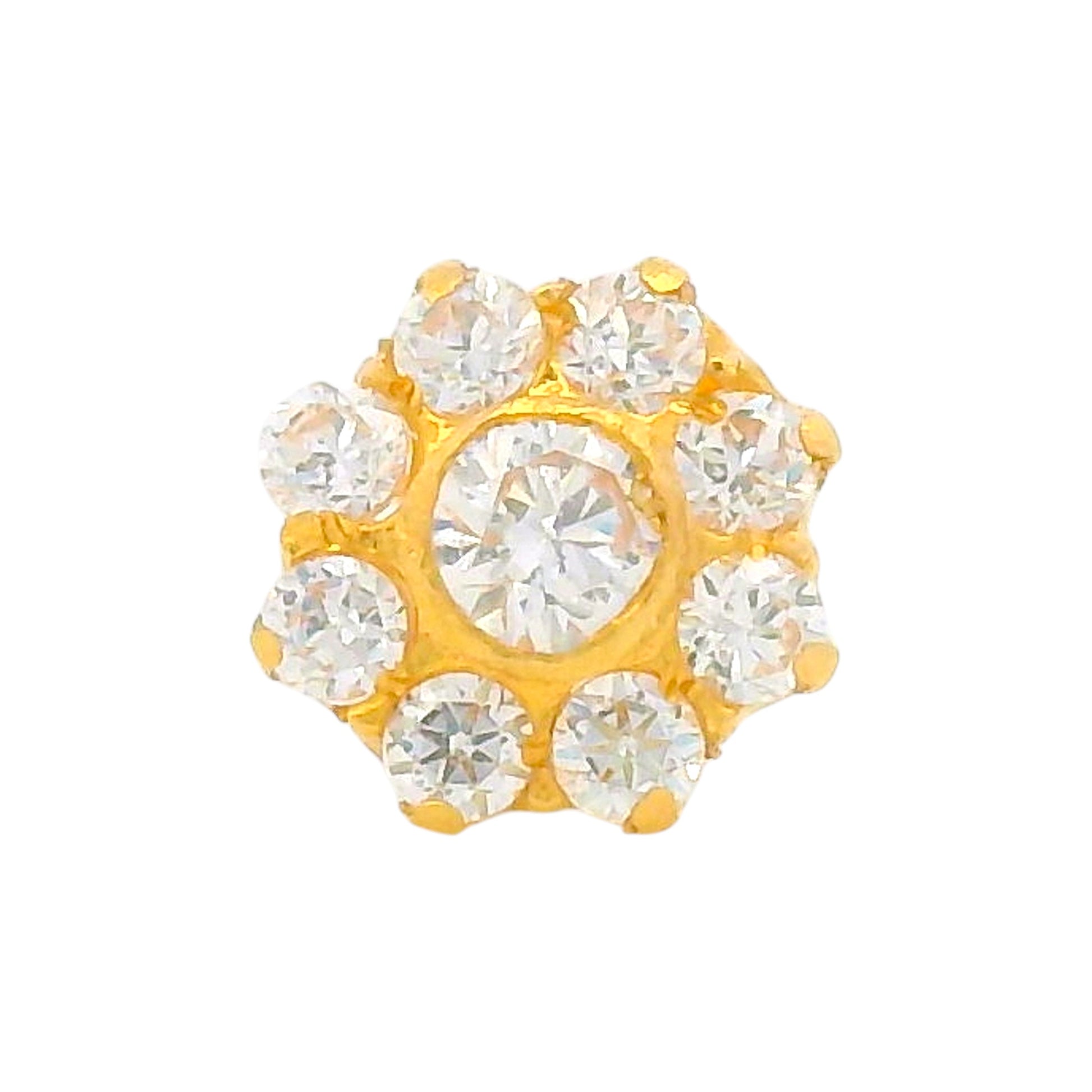 Regal Jewels RJLN0001 22k yellow gold ladies nosepin with clear stone floral cluster, elegant stud nose pin, sparkling gold nose stud for women, ethnic Indian bridal jewelry, everyday wear gold nose ring, handcrafted traditional nose piercing jewelry – Regal Jewels Chicago
