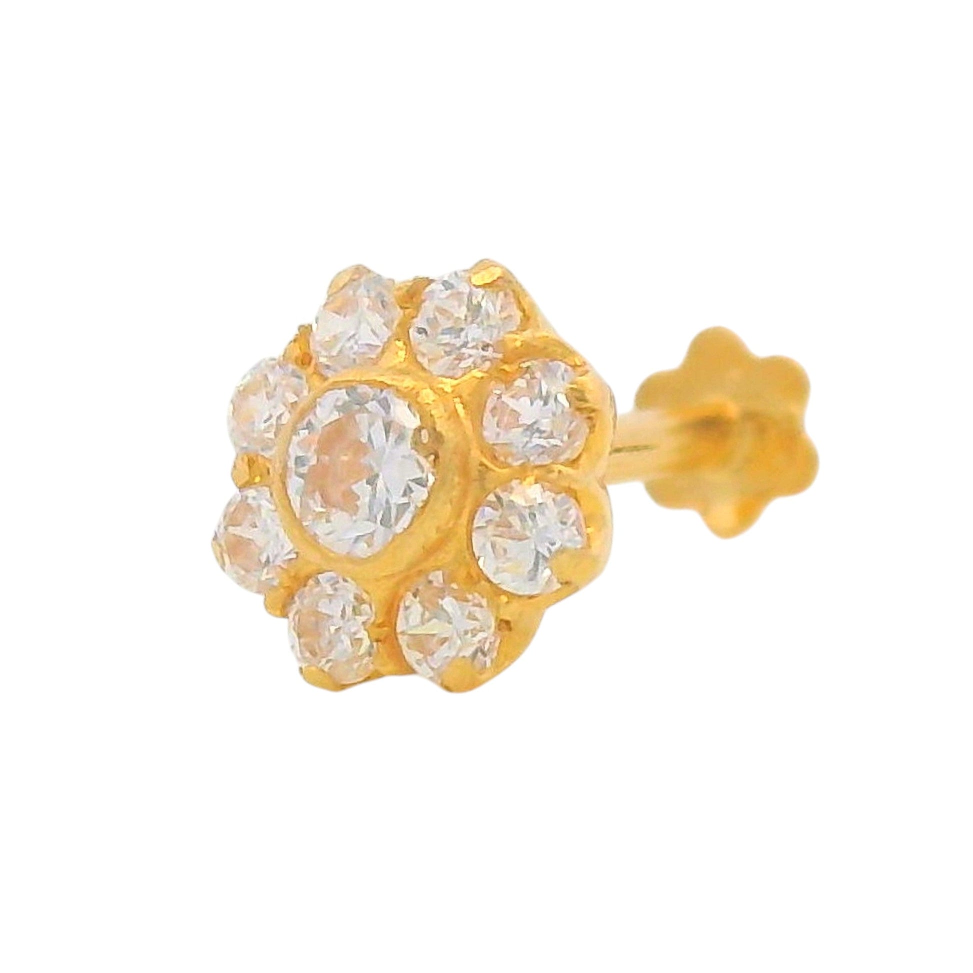 Regal Jewels RJLN0001A 22k yellow gold ladies nosepin with floral cluster of clear stones, elegant stud nose pin, sparkling gold nose stud for women, ethnic Indian bridal jewelry, everyday wear gold nose ring, handcrafted traditional nose piercing jewelry – Regal Jewels Chicago
