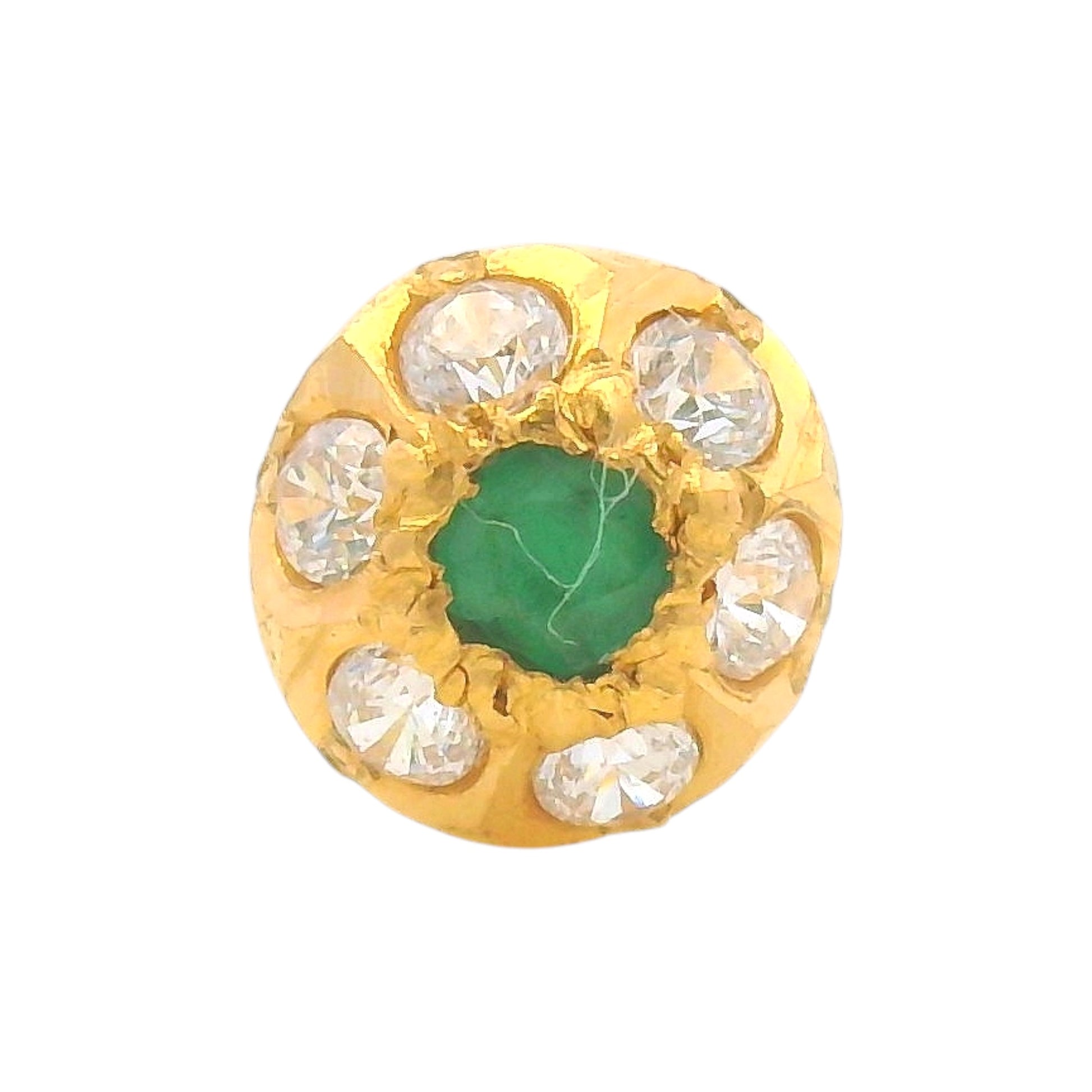 Regal Jewels RJLN0005 22k yellow gold ladies nosepin with green center stone and clear stone floral cluster, elegant stud nose pin, stylish gemstone gold nose stud for women, ethnic Indian bridal jewelry, everyday wear gold nose ring, handcrafted traditional nose piercing jewelry – Regal Jewels Chicago
