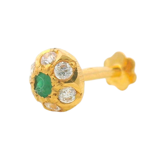 Regal Jewels RJLN0005A 22k yellow gold ladies nosepin with green and clear stone floral design, elegant stud nose pin, stylish gemstone gold nose stud for women, ethnic Indian bridal jewelry, everyday wear gold nose ring, handcrafted traditional nose piercing jewelry – Regal Jewels Chicago