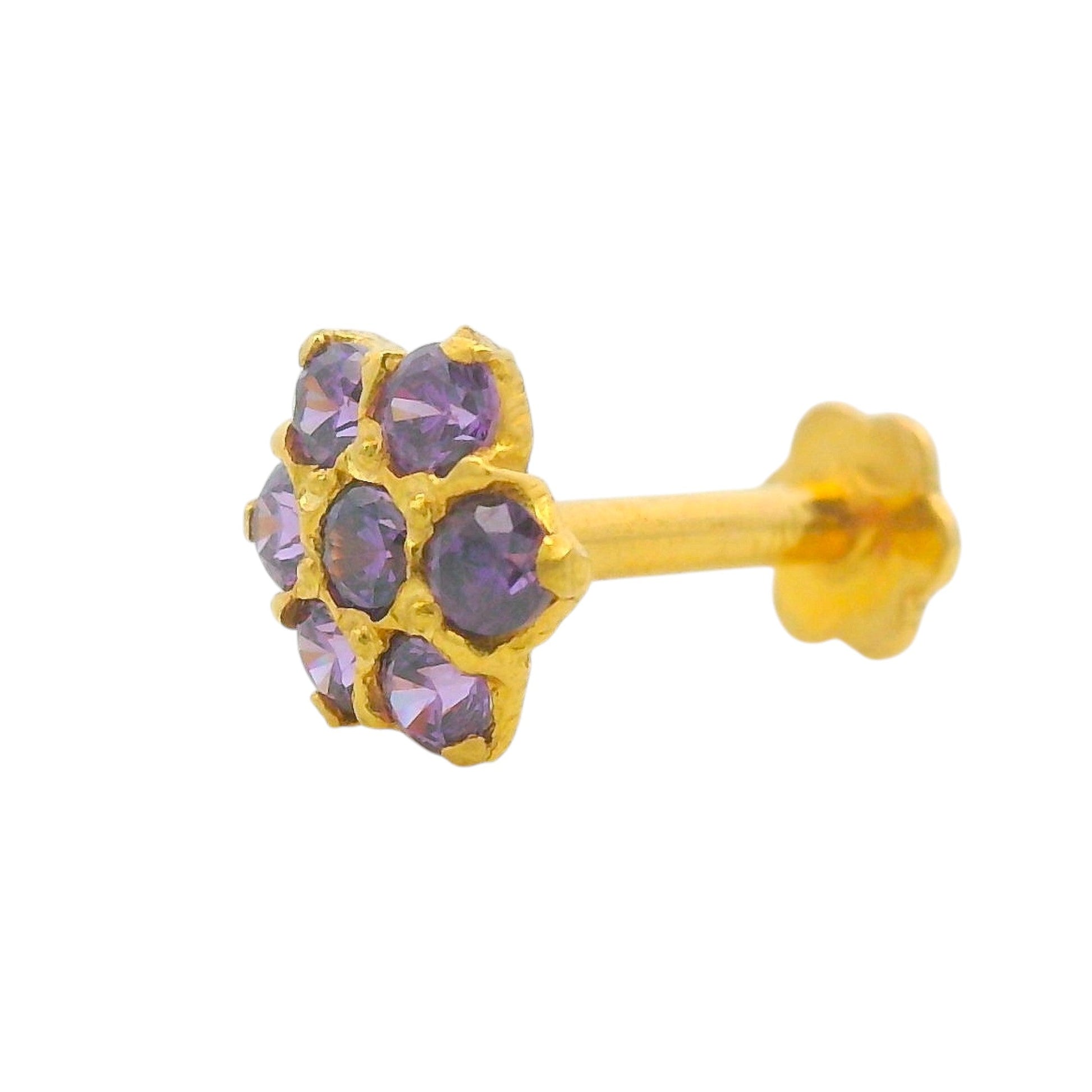 Regal Jewels RJLN0010A 22k yellow gold ladies nosepin with purple stone floral cluster design, elegant stud nose pin, stylish gold nose stud for women, ethnic Indian bridal jewelry, everyday wear gemstone nose ring, handcrafted traditional nose piercing jewelry – Regal Jewels Chicago