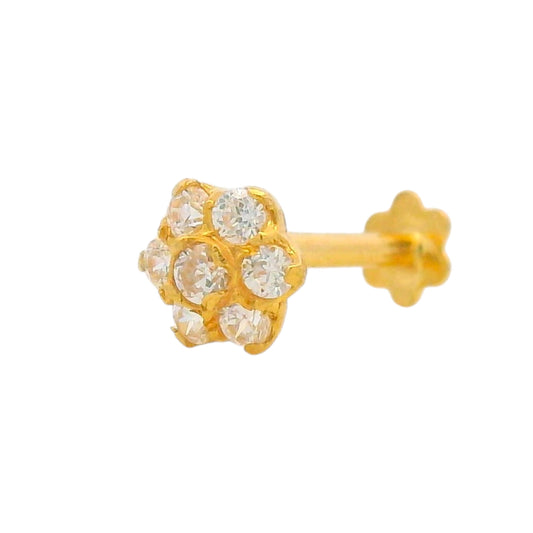 Lightweight 0.18 gm Gold Nosepin with Diamond-Style Floral Cluster, Angled Close-Up – Regal Jewels Chicago RJLN0016