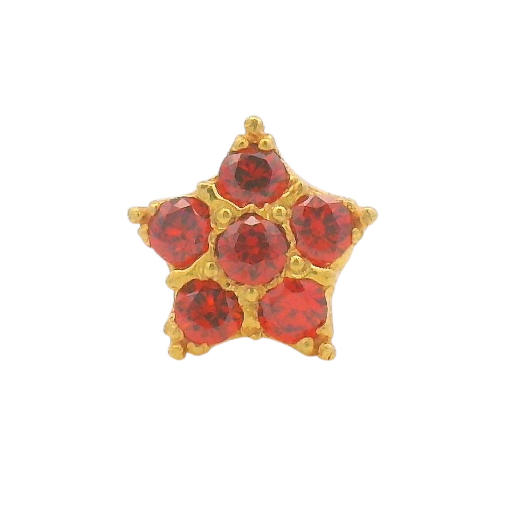 22kt Gold Nosepin with Star-Shaped Red Gemstone Cluster, Front View – Regal Jewels Chicago RJLN0019