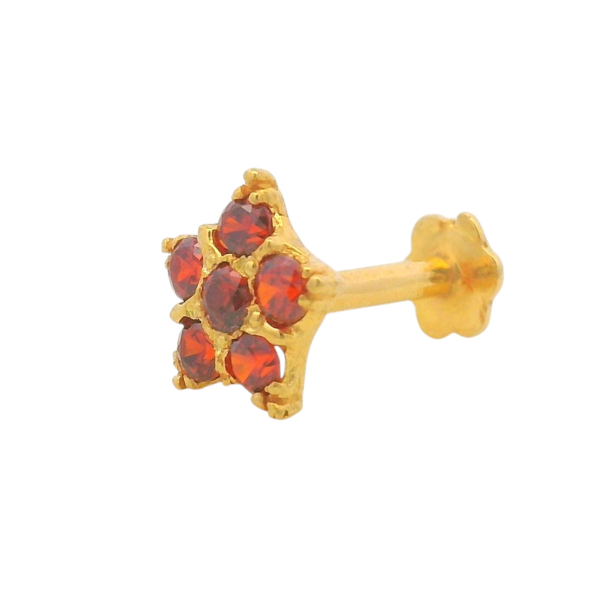 22kt Gold Nosepin with Star-Shaped Red Gemstone Cluster, Angled View – Regal Jewels Chicago RJLN0019
