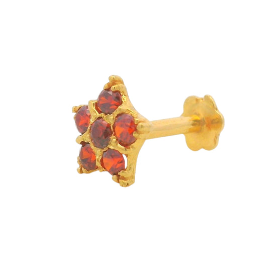 22kt Gold Nosepin with Star-Shaped Red Gemstone Cluster, Angled View – Regal Jewels Chicago RJLN0019
