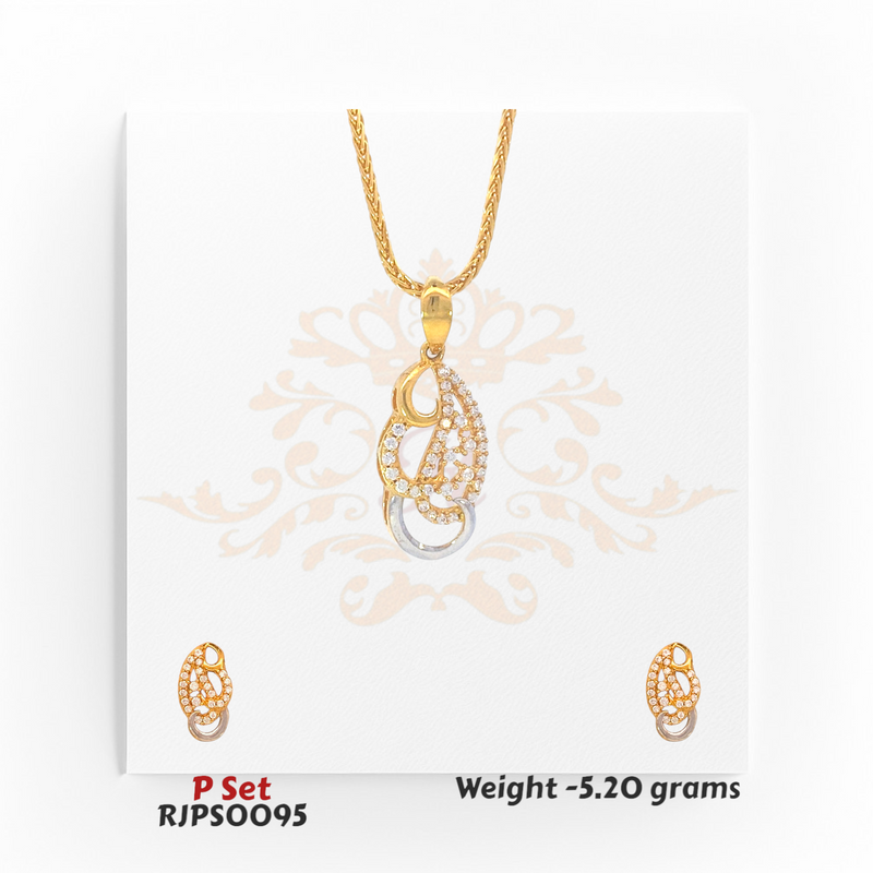 22kt gold pendant set with a paisley-inspired dual-tone design encrusted with white stones, including matching earrings. Product code RJPS0095, total weight 5.20 grams.