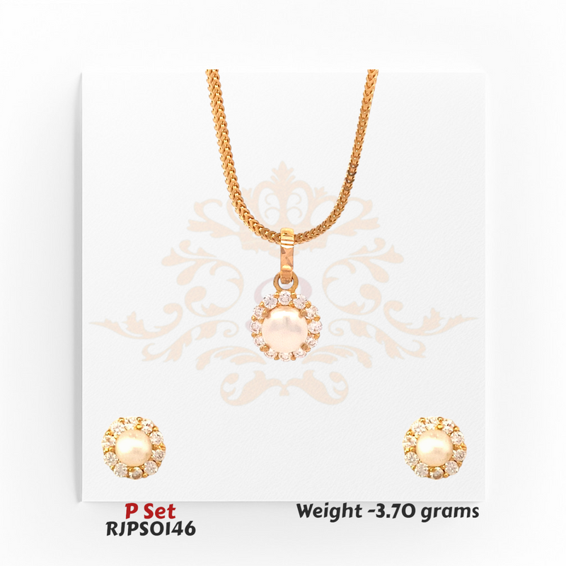22kt gold pendant set with a round pearl center encircled by brilliant white stones, with matching earrings. Product code RJPS0146, total weight 3.70 grams.