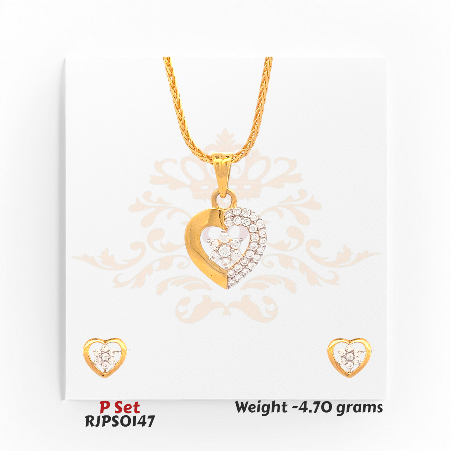 22kt gold heart-shaped pendant set with white stones in a dual-finish design, including matching earrings. Product code RJPS0147, total weight 4.70 grams.