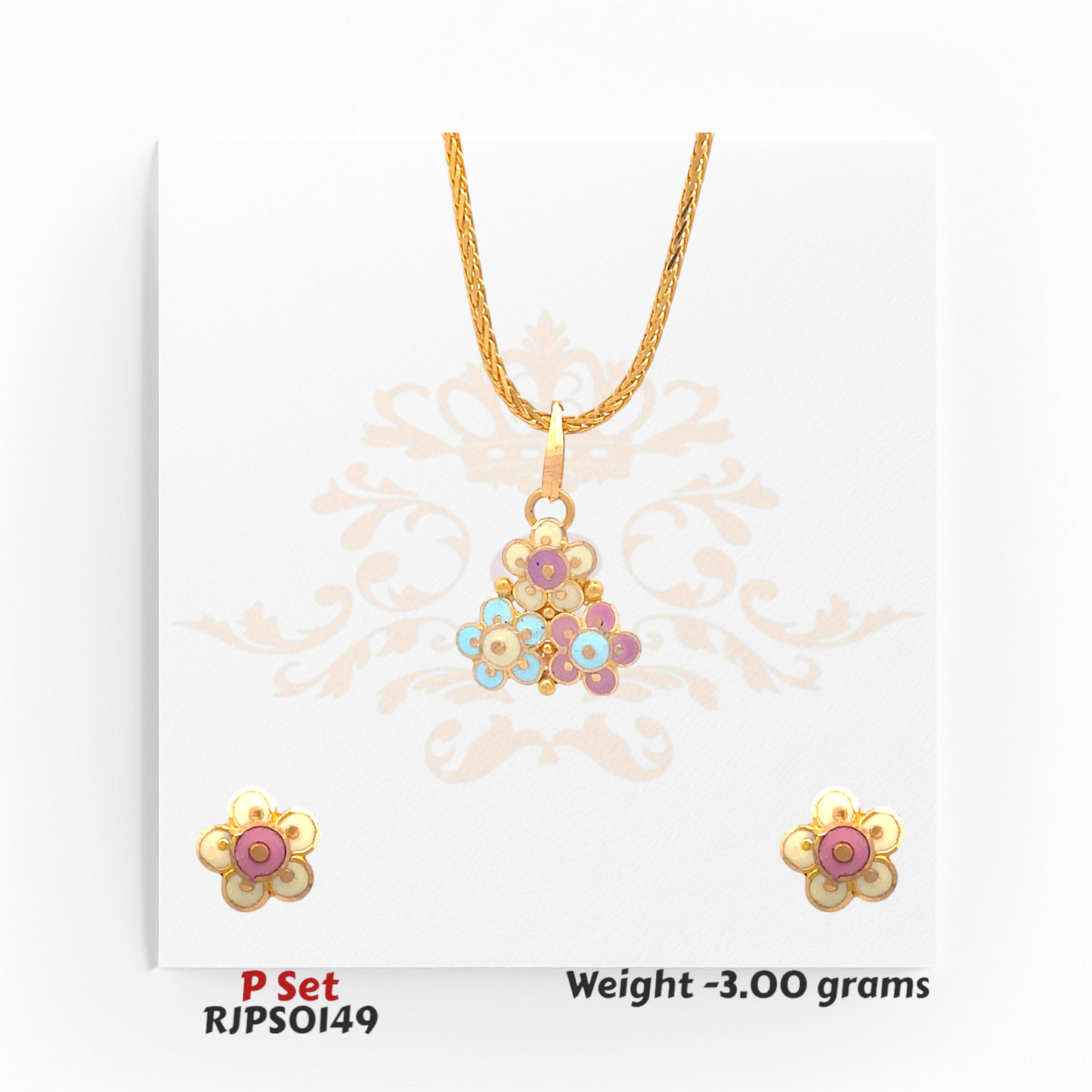 22kt gold pendant set with pastel enamel floral motifs in pink, blue, and ivory, arranged in a triangular design, with matching earrings. Product code RJPS0149, total weight 3.00 grams.