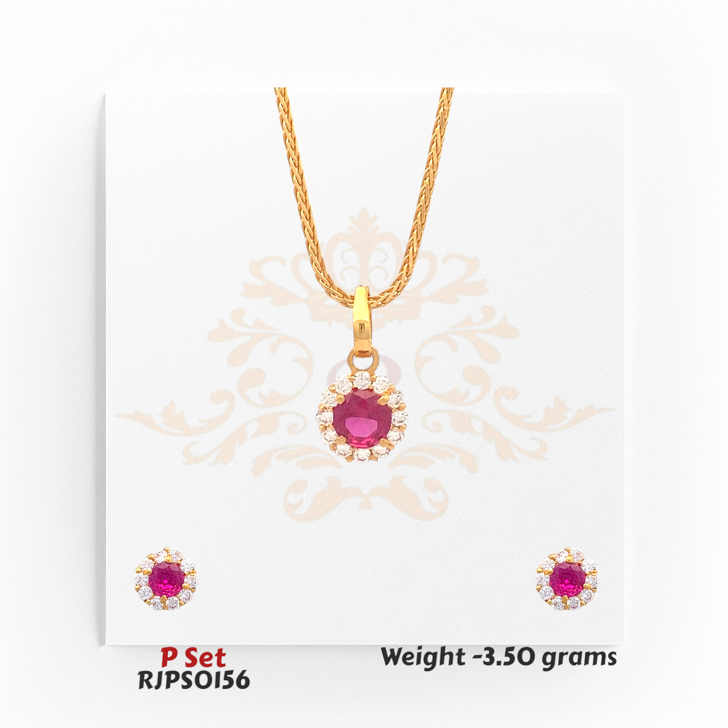 22kt gold pendant set with a round ruby-red gemstone surrounded by sparkling white stones, paired with matching earrings. Product code RJPS0156, total weight 3.50 grams.