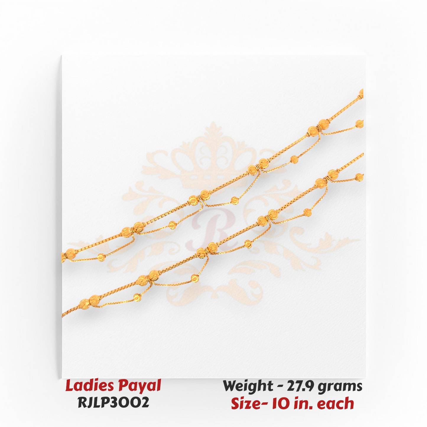 22kt Gold Ladies Payal RJLP3002 – elegant dual-chain beaded design anklet, 27.9 grams, 10 inches – handcrafted gold jewelry by Regal Jewels Chicago.