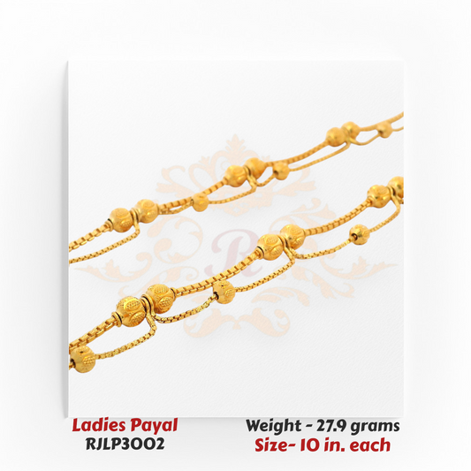 22kt Gold Ladies Payal RJLP3002 – dual-chain beaded anklet close-up, 27.9 grams, 10 inches – elegant handcrafted gold jewelry by Regal Jewels Chicago.