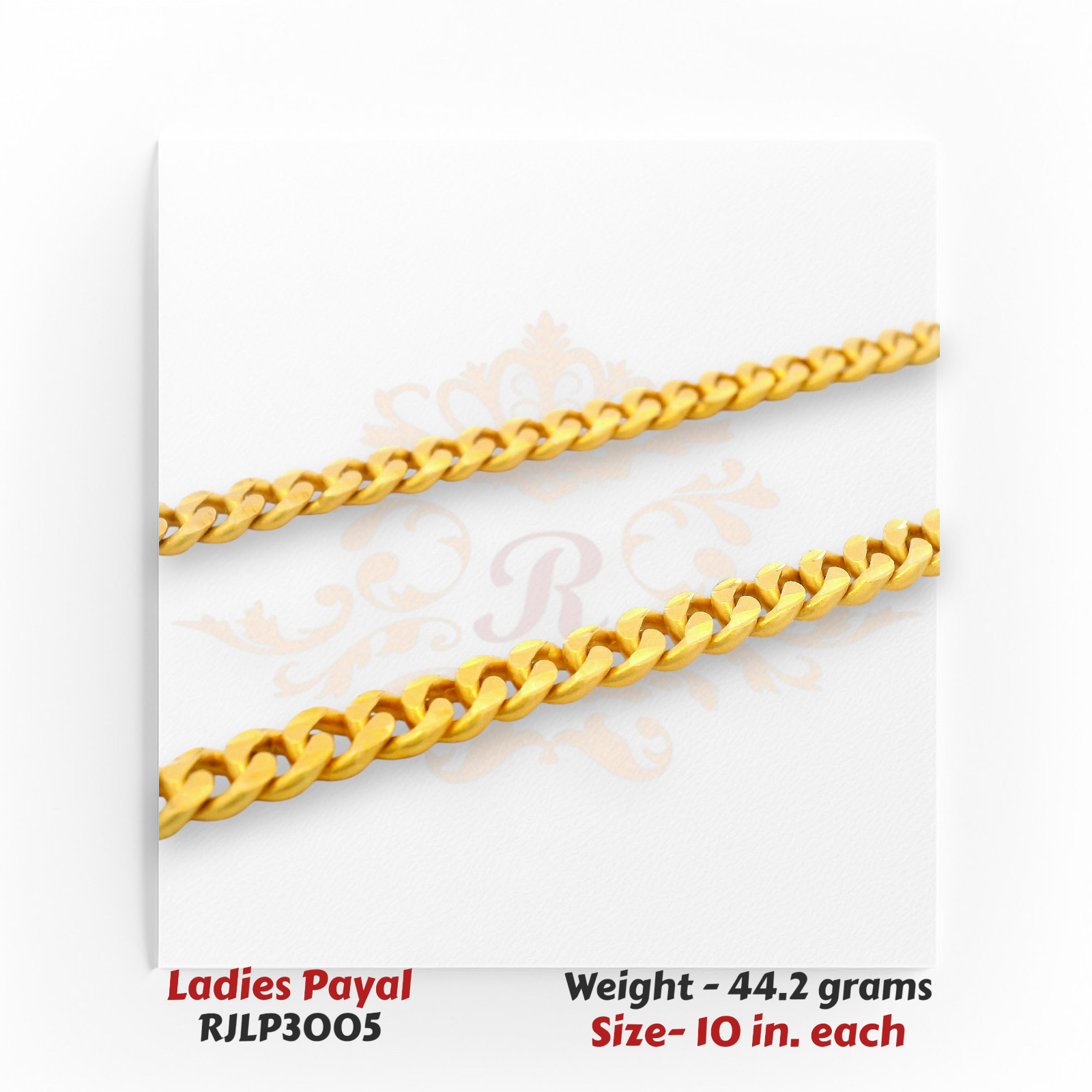 22kt Gold Ladies Payal RJLP3005 – curb-link gold anklet macro view, 44.2 grams, 10 inches – modern heavy chain payal by Regal Jewels Chicago.