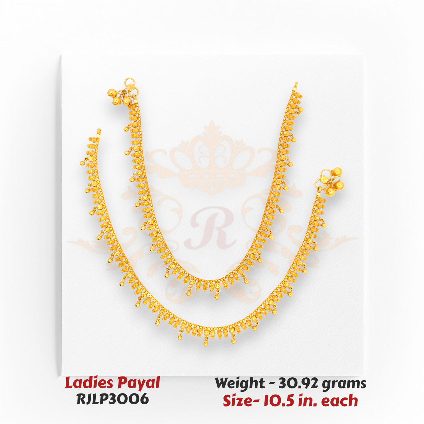 22kt Gold Ladies Payal RJLP3006 – traditional drop dangle design anklet, 30.92 grams, 10.5 inches – intricate bridal payal from Regal Jewels Chicago.