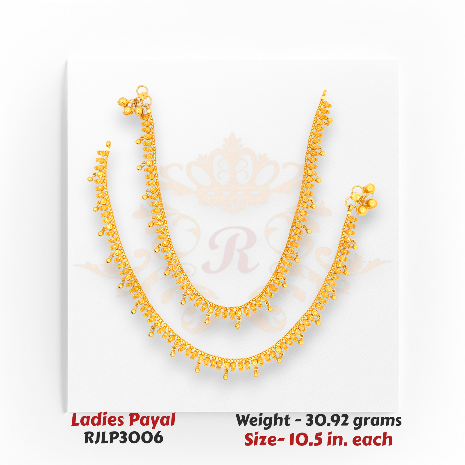 22kt Gold Ladies Payal RJLP3006 – traditional drop dangle design anklet, 30.92 grams, 10.5 inches – intricate bridal payal from Regal Jewels Chicago.
